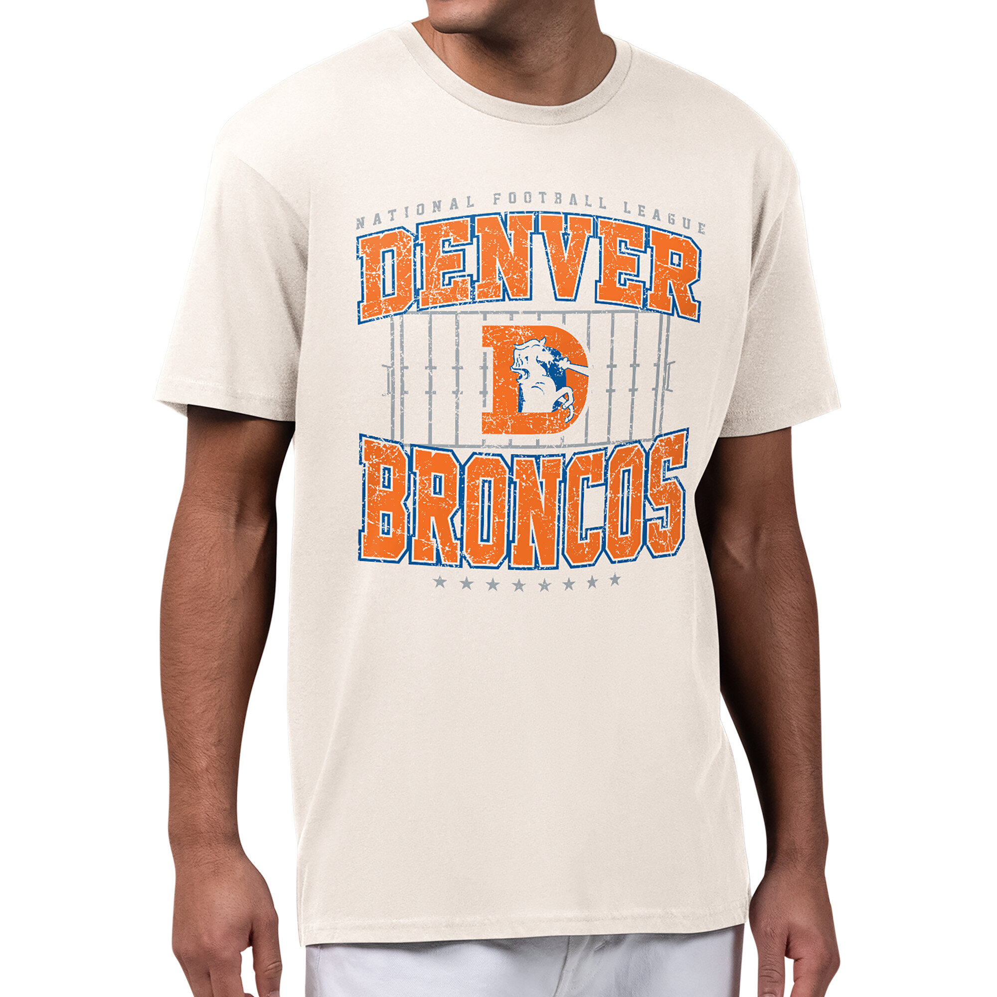 Men's Starter Cream Denver Broncos Distressed Field T-Shirt