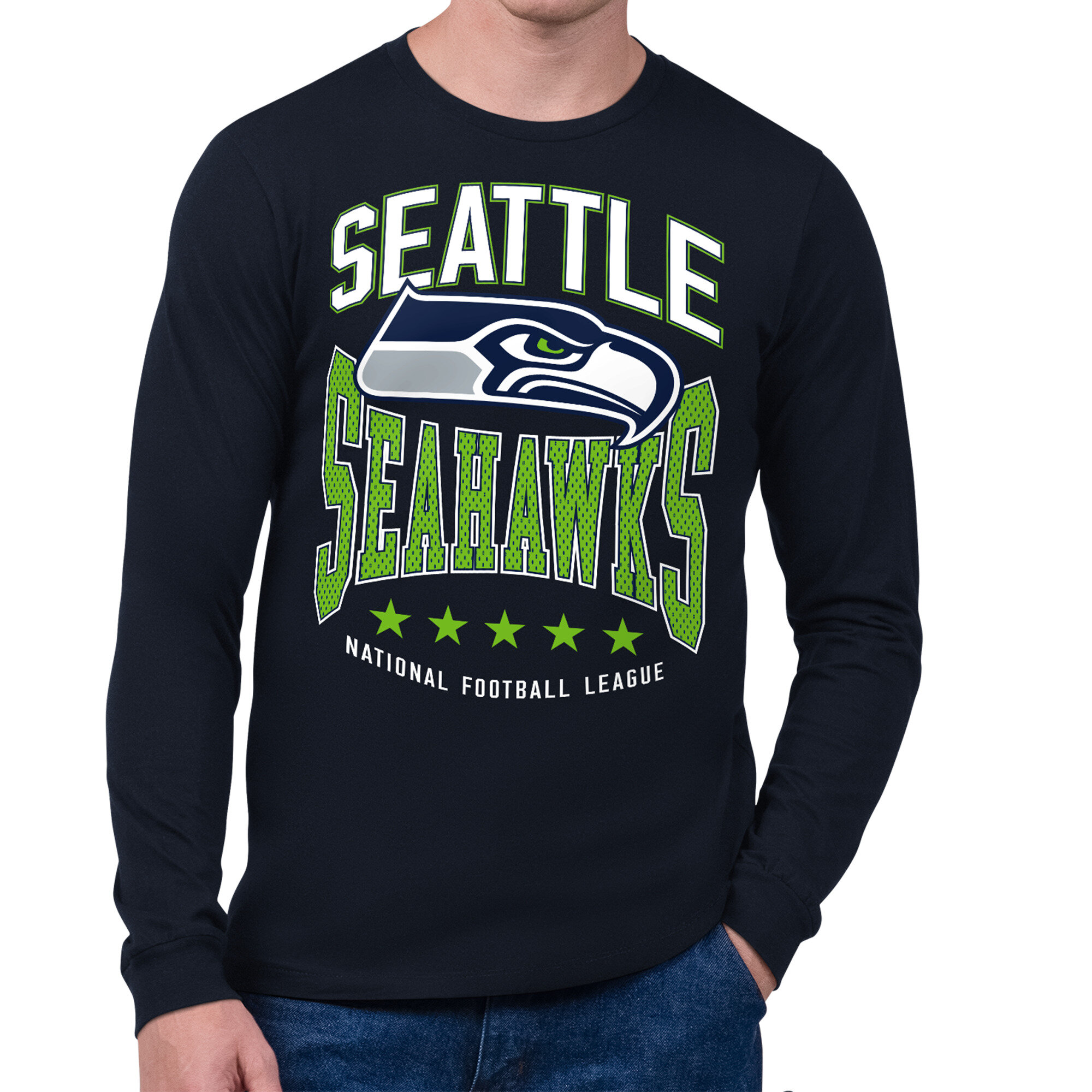 Men's Starter College Navy Seattle Seahawks Center Squeeze Long Sleeve T-Shirt
