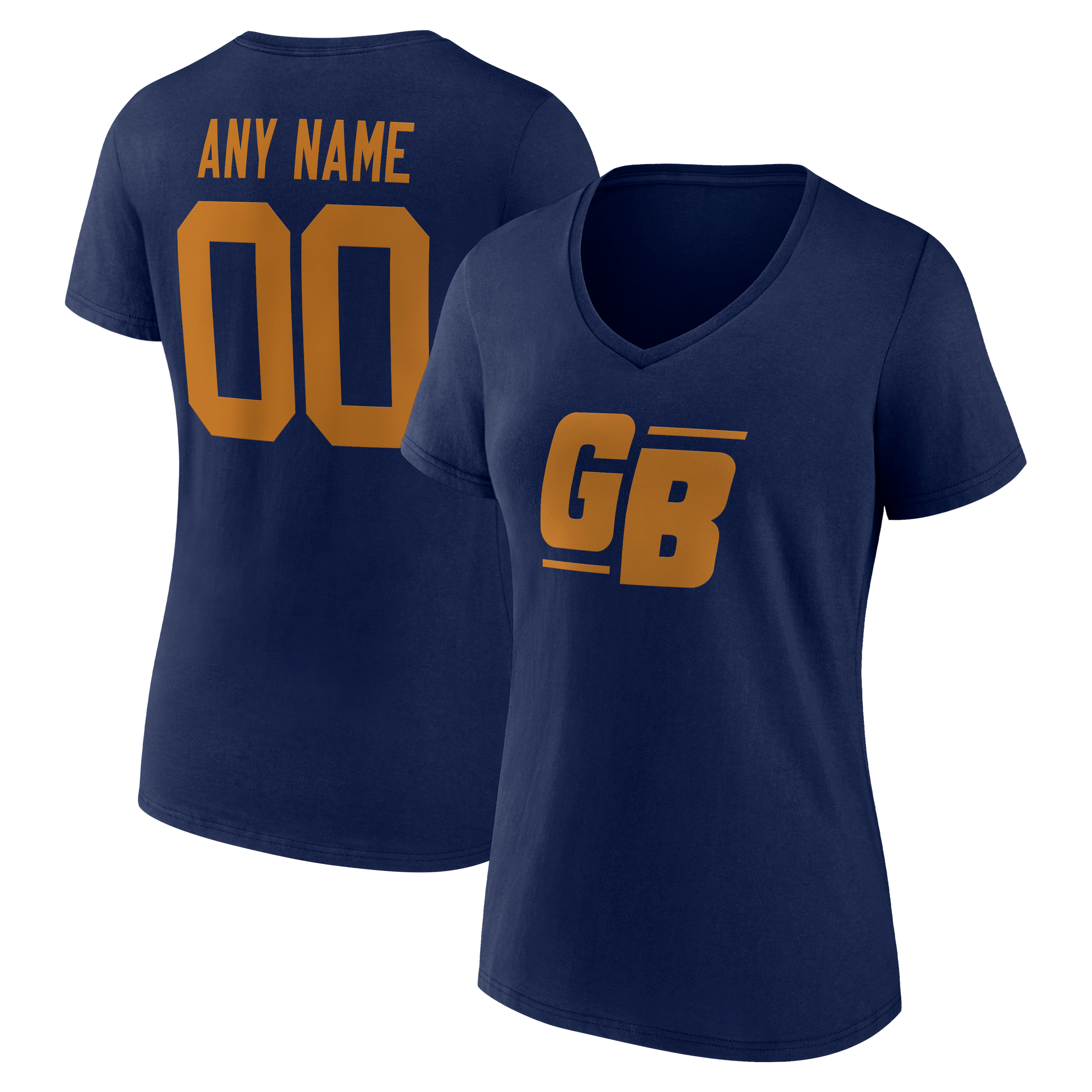 Women's Navy Green Bay Packers Team Authentic Classic Personalized Name & Number V-Neck T-Shirt