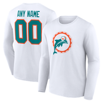 Men's White Miami Dolphins Team Authentic Classic Personalized Name & Number Long Sleeve T-Shirt