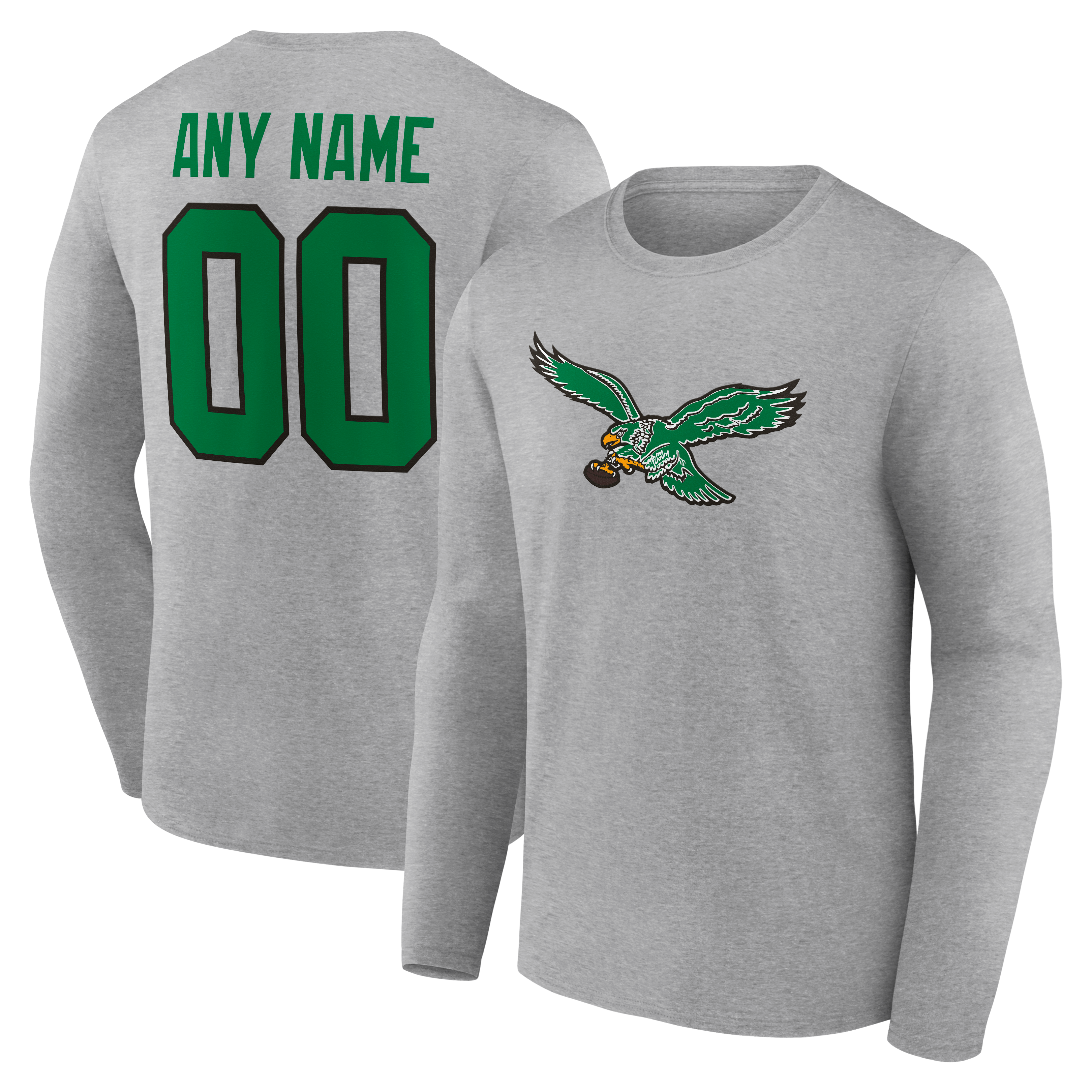 Men's Gray Philadelphia Eagles Team Authentic Classic Personalized Name & Number Long Sleeve T-Shirt