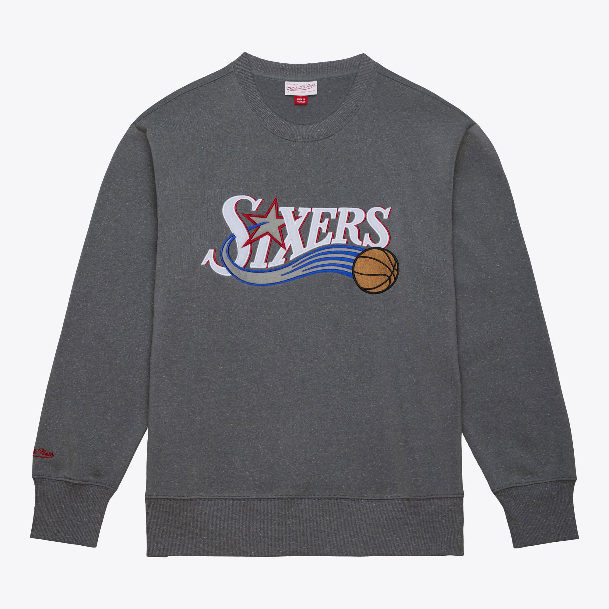 Men's Mitchell & Ness  Heather Gray Philadelphia 76ers Snow Washed Fleece Crewneck