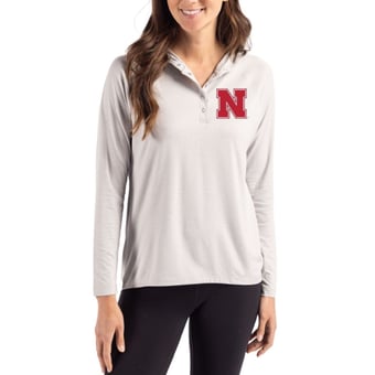 Women's Cutter & Buck Gray Nebraska Huskers Coastline Epic Comfort Recycled Hooded Raglan Quarter-Snap Shirt
