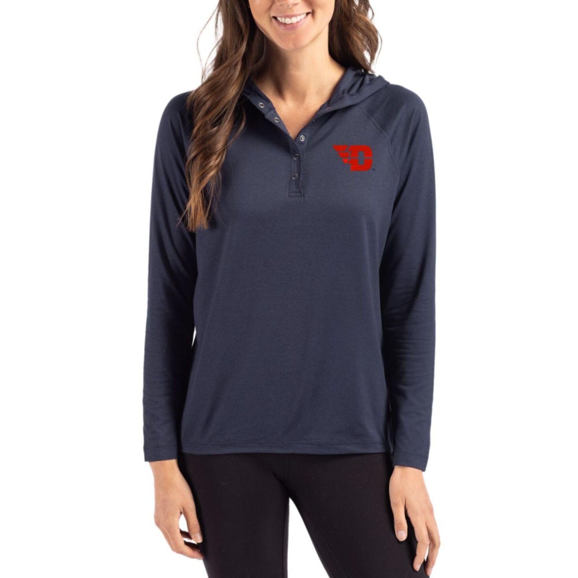 Women’s Cutter & Buck Navy Dayton Flyers Coastline Epic Comfort Recycled Hooded Raglan Quarter-Snap Shirt