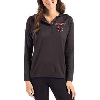 Women's Cutter & Buck Black Louisville Cardinals Coastline Epic Comfort Recycled Hooded Raglan Quarter-Snap Shirt