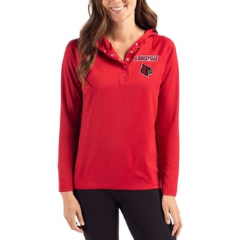 Women's Cutter & Buck Red Louisville Cardinals Coastline Epic Comfort Recycled Hooded Raglan Quarter-Snap Shirt
