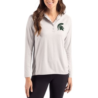 Women's Cutter & Buck Gray Michigan State Spartans Coastline Epic Comfort Recycled Hooded Raglan Quarter-Snap Shirt
