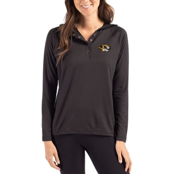 Women's Cutter & Buck Black Missouri Tigers Coastline Epic Comfort Recycled Hooded Raglan Quarter-Snap Shirt