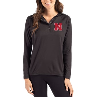 Women's Cutter & Buck Black Nebraska Huskers Coastline Epic Comfort Recycled Hooded Raglan Quarter-Snap Shirt