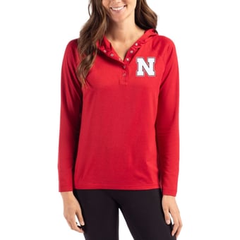 Women's Cutter & Buck Scarlet Nebraska Huskers Coastline Epic Comfort Recycled Hooded Raglan Quarter-Snap Shirt