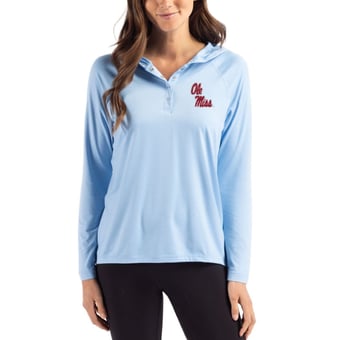 Women's Cutter & Buck Light Blue Ole Miss Rebels Coastline Epic Comfort Recycled Hooded Raglan Quarter-Snap Shirt