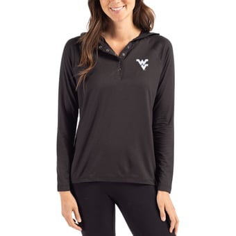 Women's Cutter & Buck Black West Virginia Mountaineers Coastline Epic Comfort Recycled Hooded Raglan Quarter-Snap Shirt