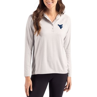 Women's Cutter & Buck Gray West Virginia Mountaineers Coastline Epic Comfort Recycled Hooded Raglan Quarter-Snap Shirt