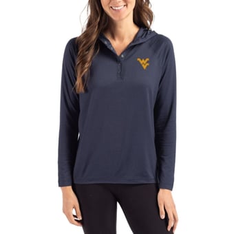 Women's Cutter & Buck Navy West Virginia Mountaineers Coastline Epic Comfort Recycled Hooded Raglan Quarter-Snap Shirt