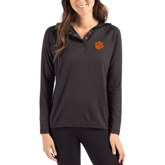 Women's Cutter & Buck Black Clemson Tigers Coastline Epic Comfort Recycled Hooded Raglan Quarter-Snap Shirt
