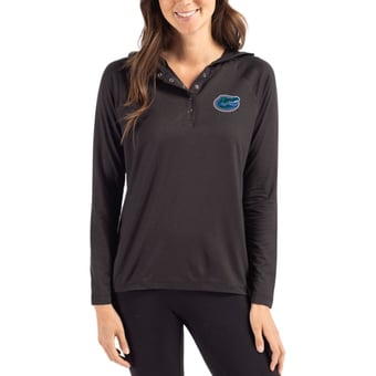 Women's Cutter & Buck Black Florida Gators Coastline Epic Comfort Recycled Hooded Raglan Quarter-Snap Shirt