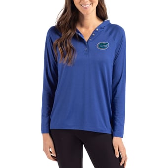 Women's Cutter & Buck Royal Florida Gators Coastline Epic Comfort Recycled Hooded Raglan Quarter-Snap Shirt