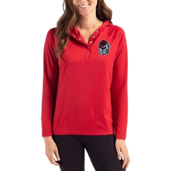 Women's Cutter & Buck Red Georgia Bulldogs Coastline Epic Comfort Recycled Hooded Raglan Quarter-Snap Shirt