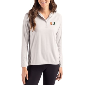 Women's Cutter & Buck Gray Miami Hurricanes Coastline Epic Comfort Recycled Hooded Raglan Quarter-Snap Shirt