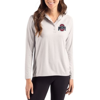 Women's Cutter & Buck Gray Ohio State Buckeyes Coastline Epic Comfort Recycled Hooded Raglan Quarter-Snap Shirt