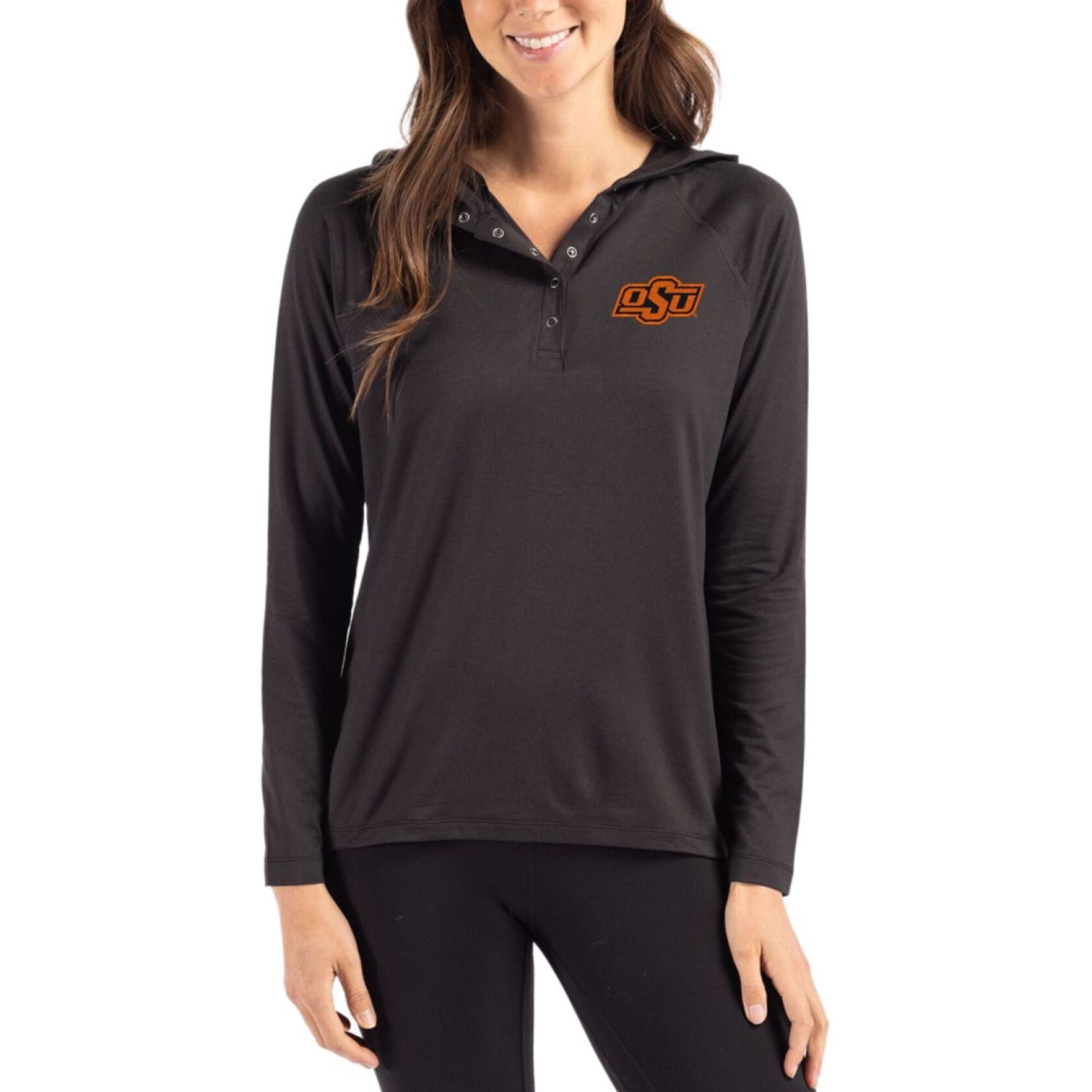 Women's Cutter & Buck Black Oklahoma State Cowboys Coastline Epic Comfort Recycled Hooded Raglan Quarter-Snap Shirt