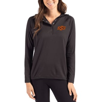 Women's Cutter & Buck Black Oklahoma State Cowboys Coastline Epic Comfort Recycled Hooded Raglan Quarter-Snap Shirt