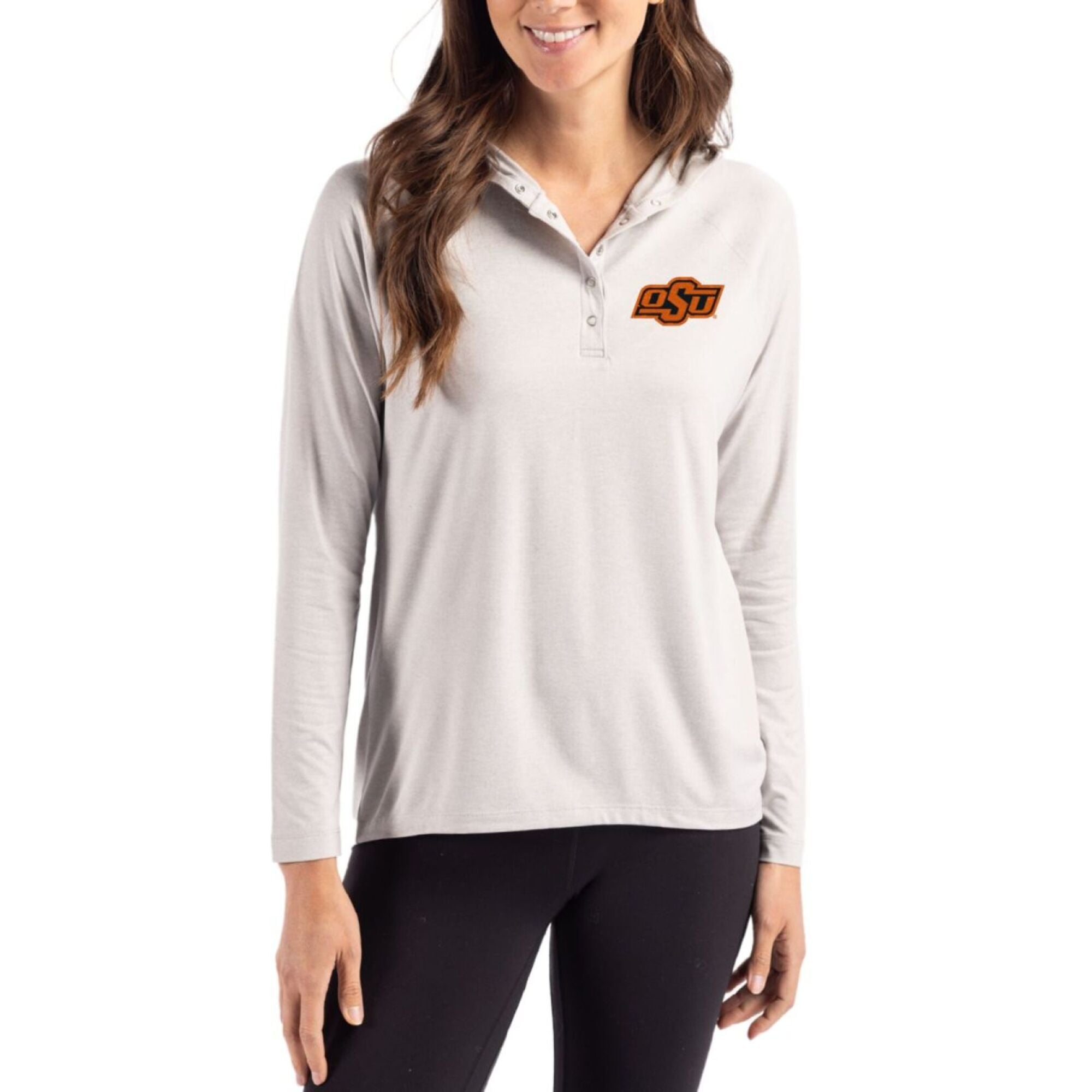Women's Cutter & Buck Gray Oklahoma State Cowboys Coastline Epic Comfort Recycled Hooded Raglan Quarter-Snap Shirt