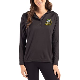 Women's Cutter & Buck Black Oregon Ducks Coastline Epic Comfort Recycled Hooded Raglan Quarter-Snap Shirt