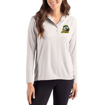 Women's Cutter & Buck Gray Oregon Ducks Coastline Epic Comfort Recycled Hooded Raglan Quarter-Snap Shirt