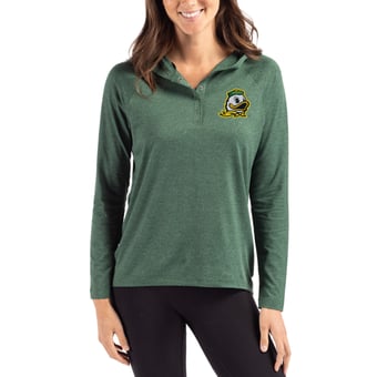 Women's Cutter & Buck Green Oregon Ducks Coastline Epic Comfort Recycled Hooded Raglan Quarter-Snap Shirt