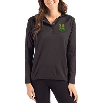 Women's Cutter & Buck Black Oregon Ducks Coastline Epic Comfort Recycled Hooded Raglan Quarter-Snap Shirt