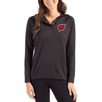 Women's Cutter & Buck Black Wisconsin Badgers Coastline Epic Comfort Recycled Hooded Raglan Quarter-Snap Shirt