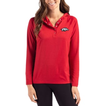 Women's Cutter & Buck Cardinal Arkansas Razorbacks Coastline Epic Comfort Recycled Hooded Raglan Quarter-Snap Shirt