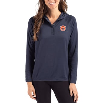 Women's Cutter & Buck Navy Auburn Tigers Coastline Epic Comfort Recycled Hooded Raglan Quarter-Snap Shirt