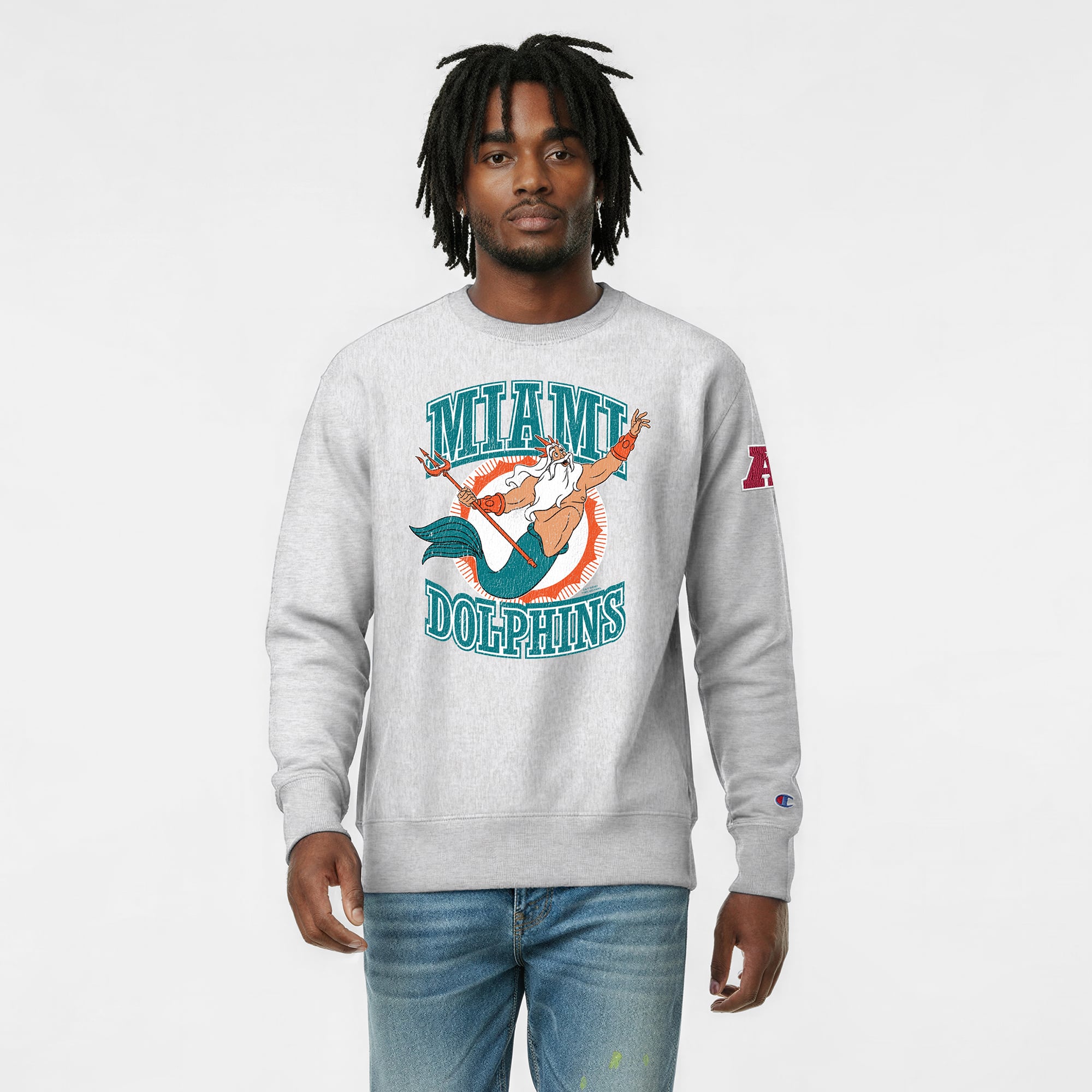 Men's Disney x Champion Heather Gray Miami Dolphins King Triton Reverse Weave Sweatshirt