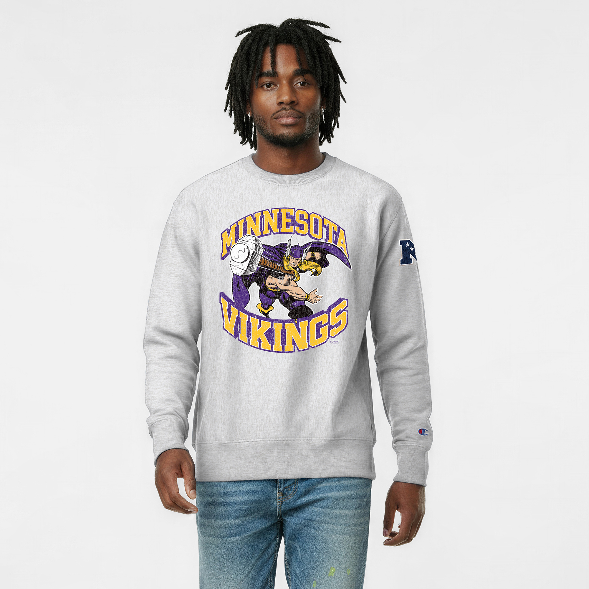 Men's Disney x Champion Heather Gray Minnesota Vikings Thor Reverse Weave Sweatshirt