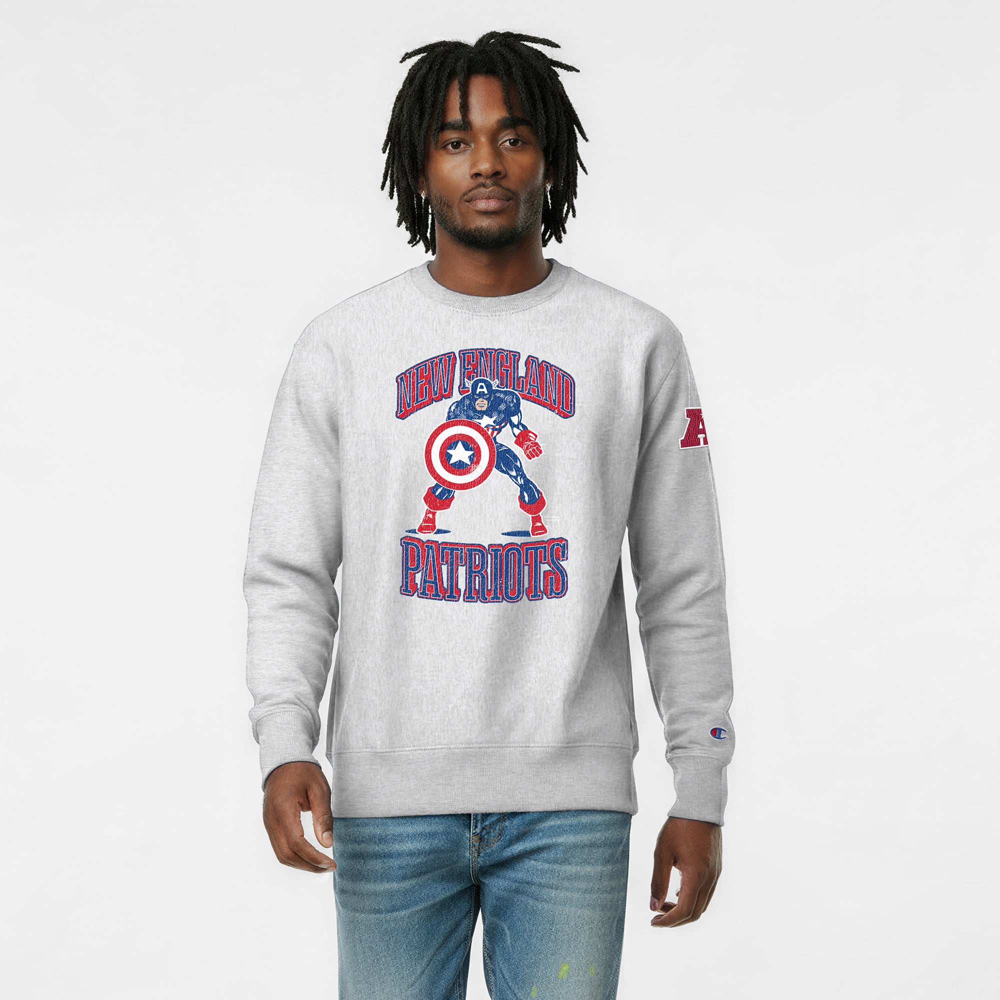 Men's Disney x Champion Heather Gray New England Patriots Captain America Reverse Weave Sweatshirt