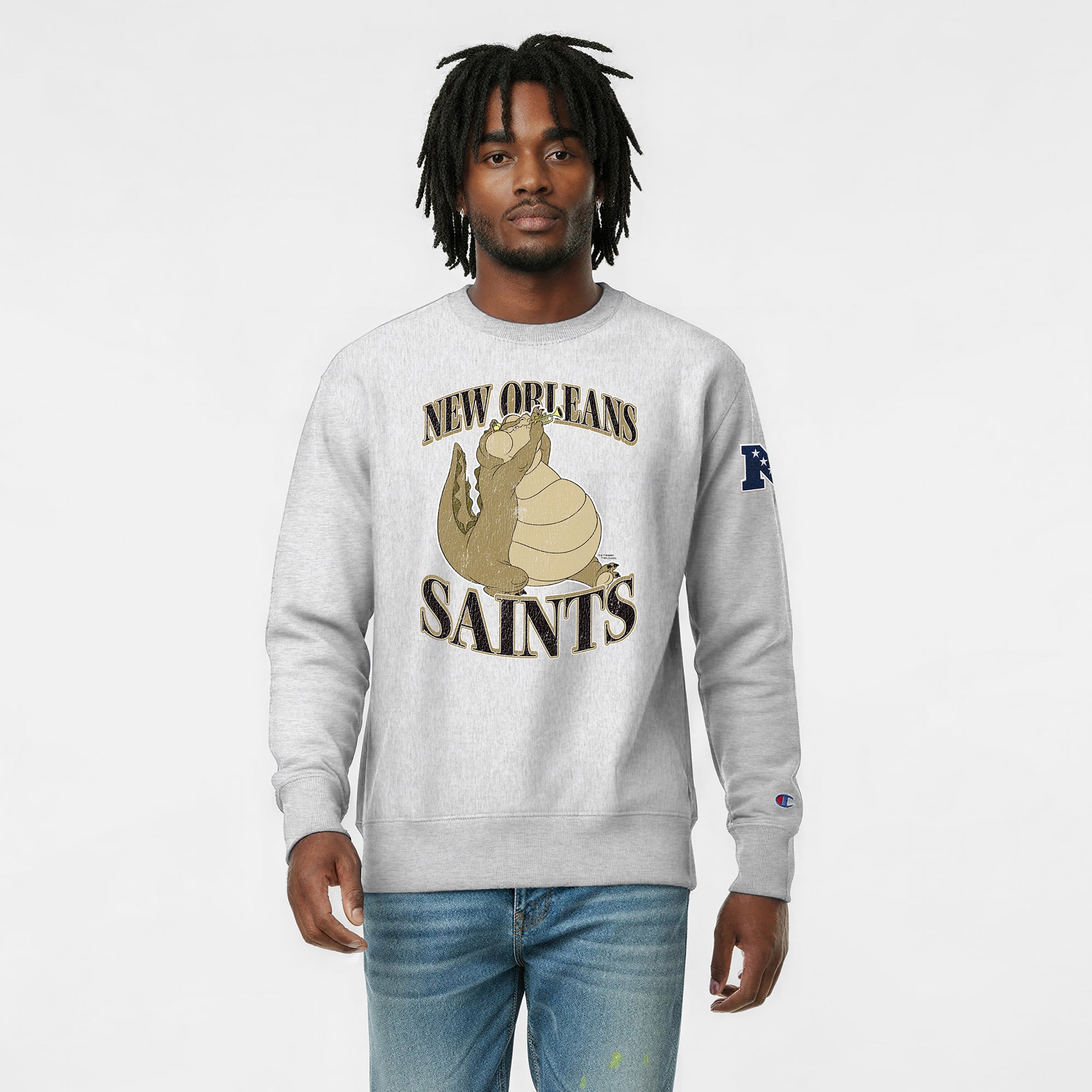 Men's Disney x Champion Heather Gray New Orleans Saints Louis Reverse Weave Sweatshirt