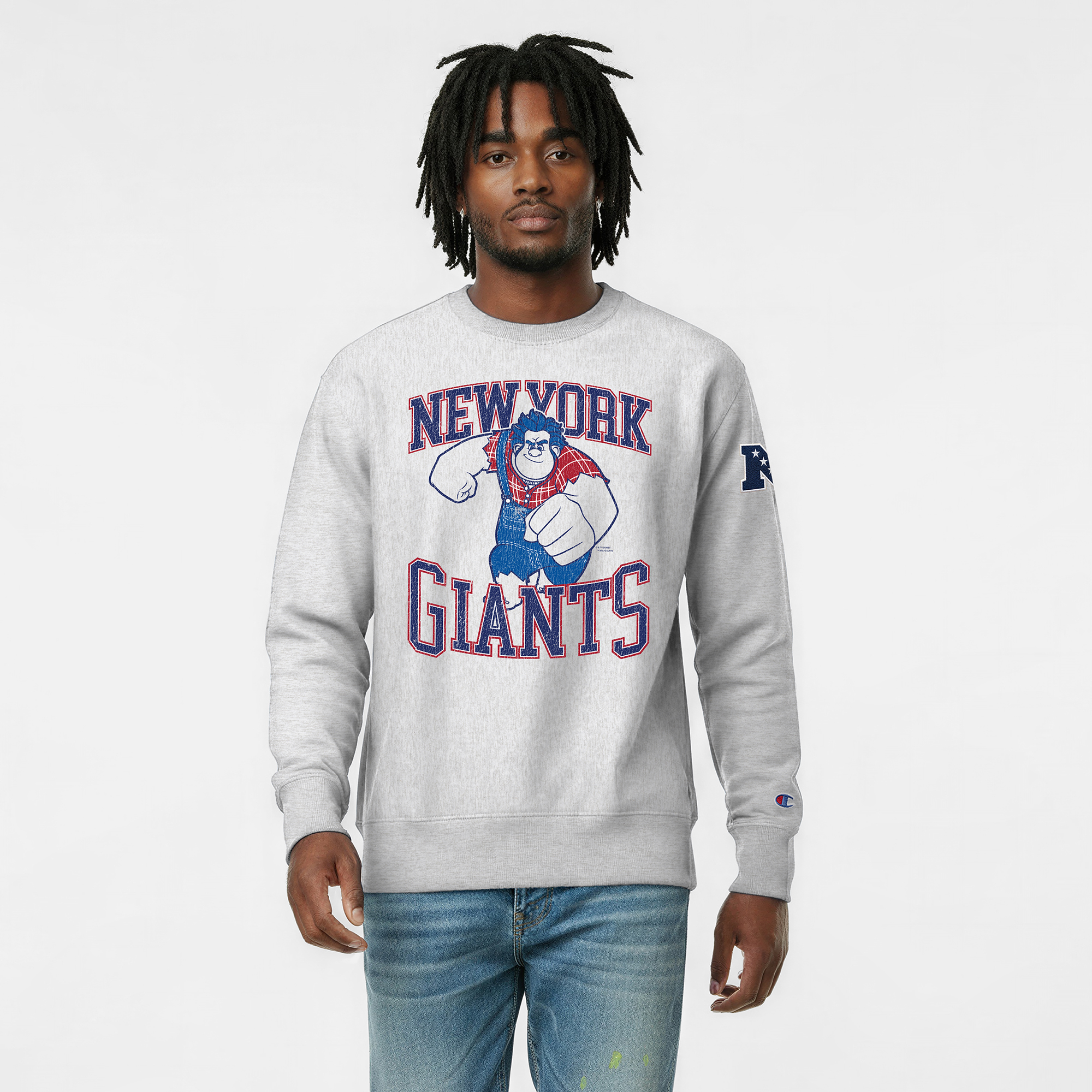 Men's Disney x Champion Heather Gray New York Giants Wreck-It Ralph Reverse Weave Sweatshirt