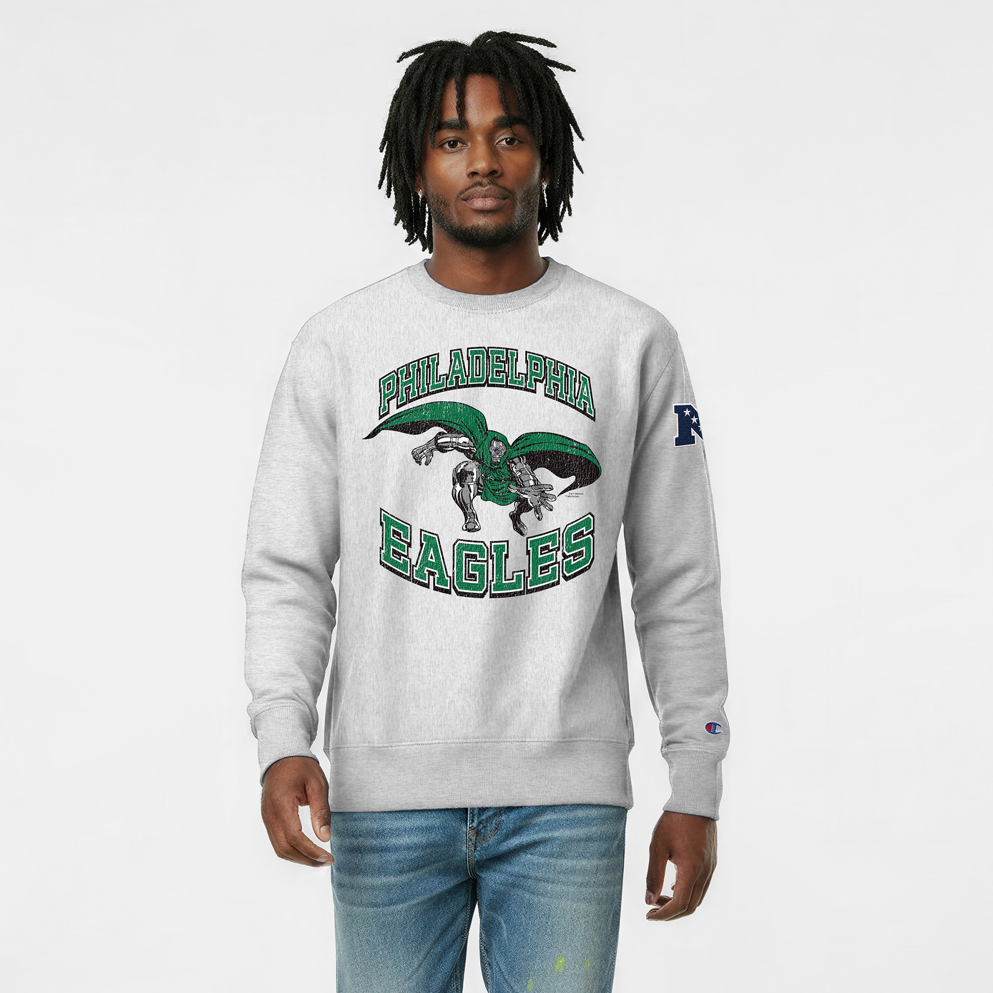 Men's Disney x Champion Heather Gray Philadelphia Eagles Doctor Doom Reverse Weave Sweatshirt