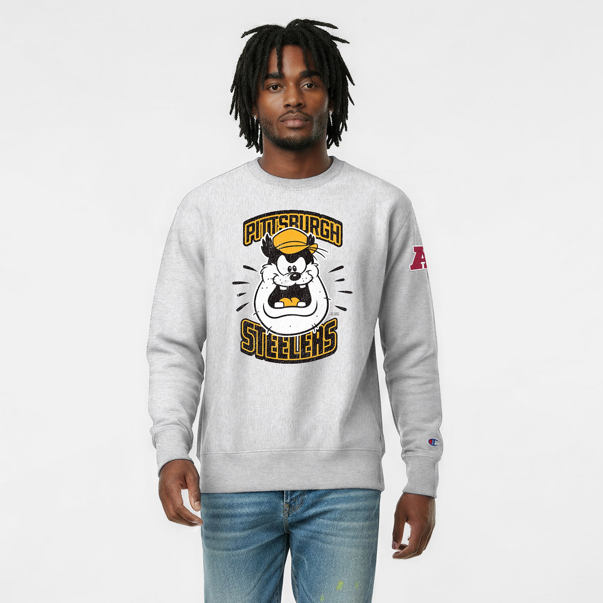 Men's Disney x Champion Heather Gray Pittsburgh Steelers Pete Reverse Weave Sweatshirt