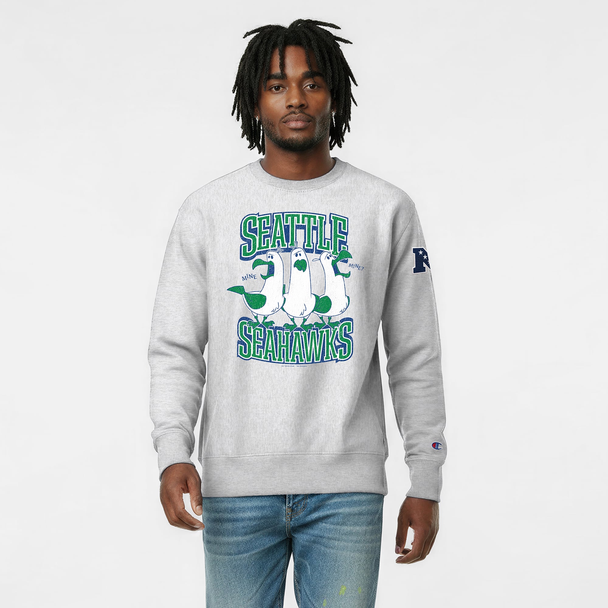 Men's Disney x Champion Heather Gray Seattle Seahawks Seagulls Reverse Weave Sweatshirt