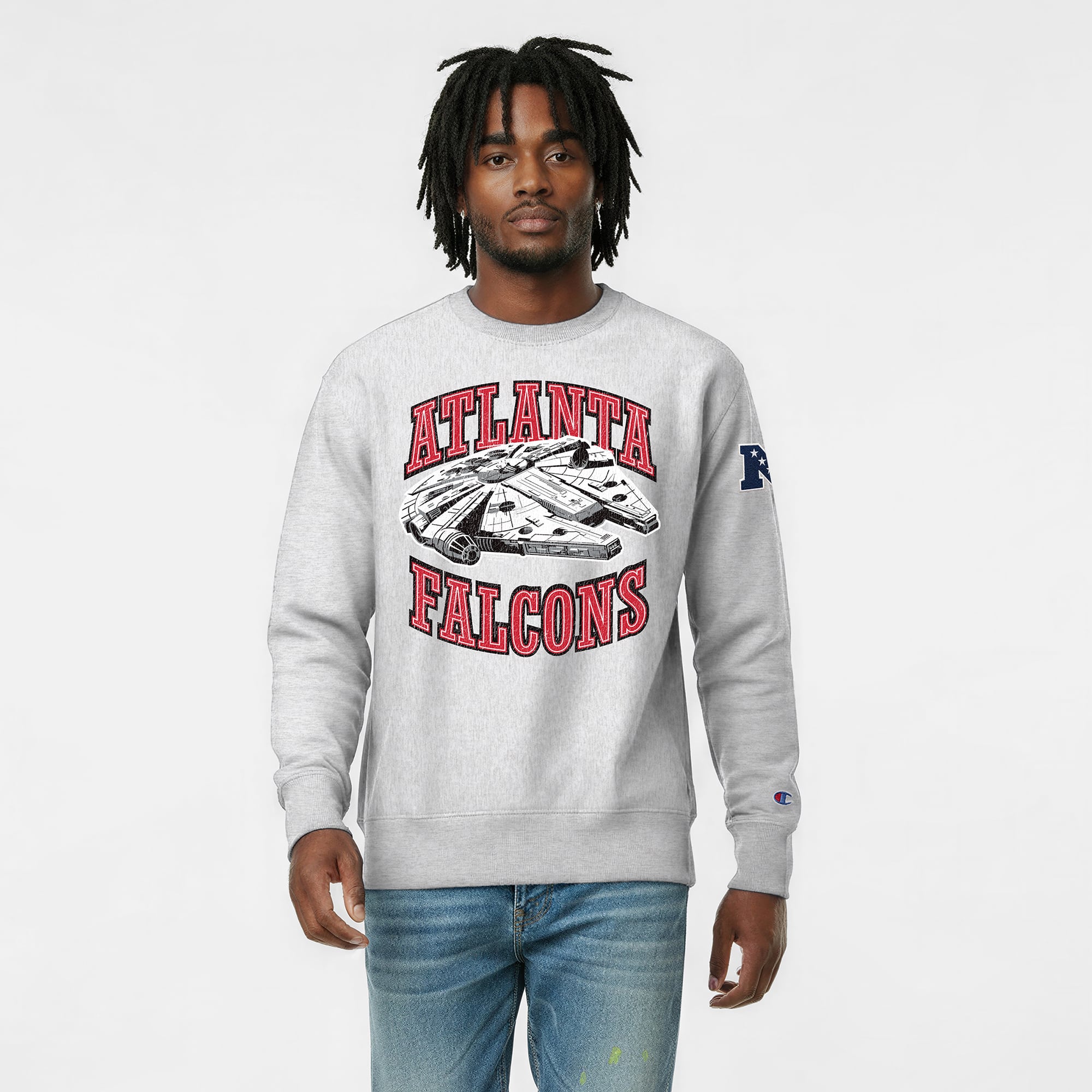 Men's Disney x Champion Heather Gray Atlanta Falcons Millennium Falcon Reverse Weave Sweatshirt