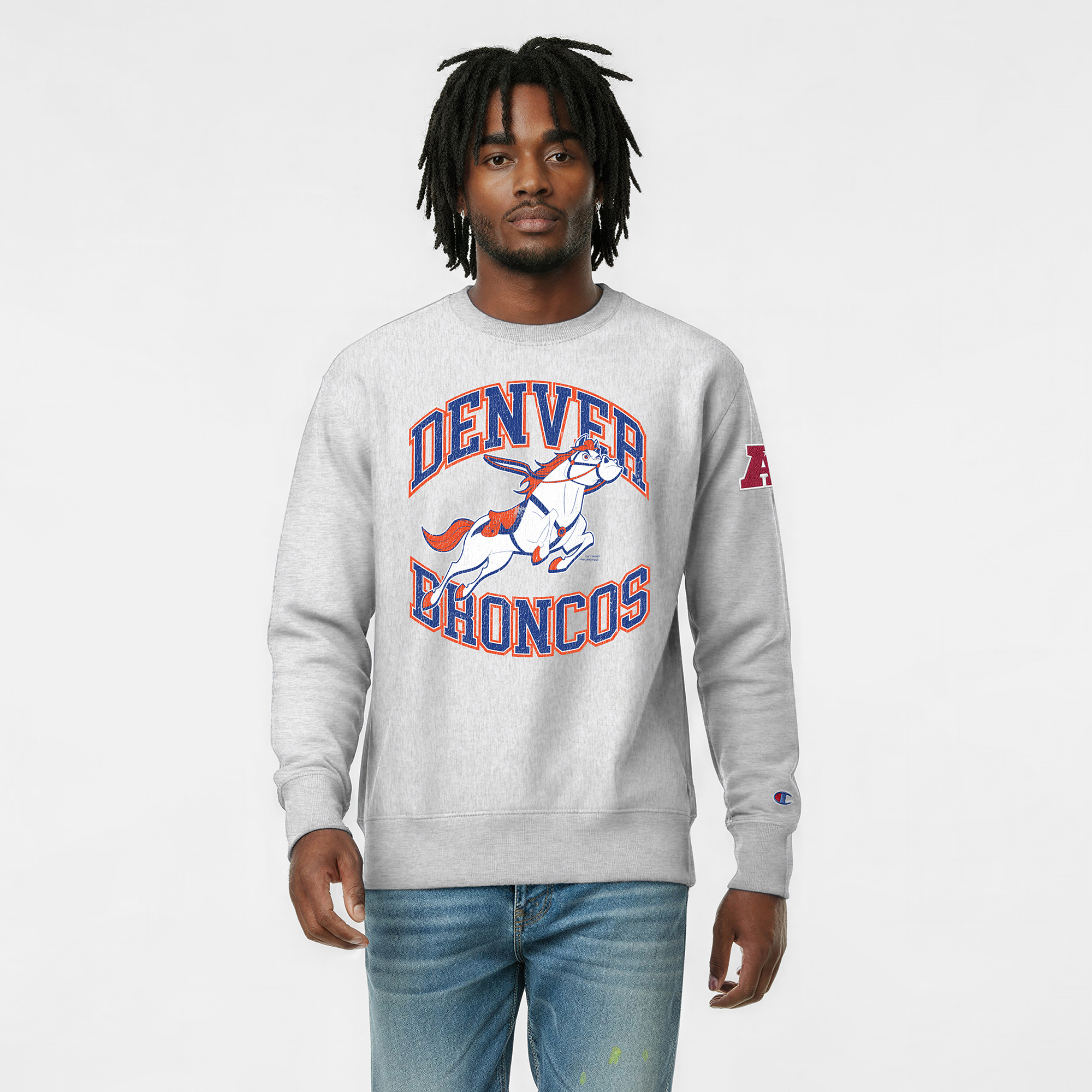 Men's Disney x Champion Heather Gray Denver Broncos Maximus Reverse Weave Sweatshirt