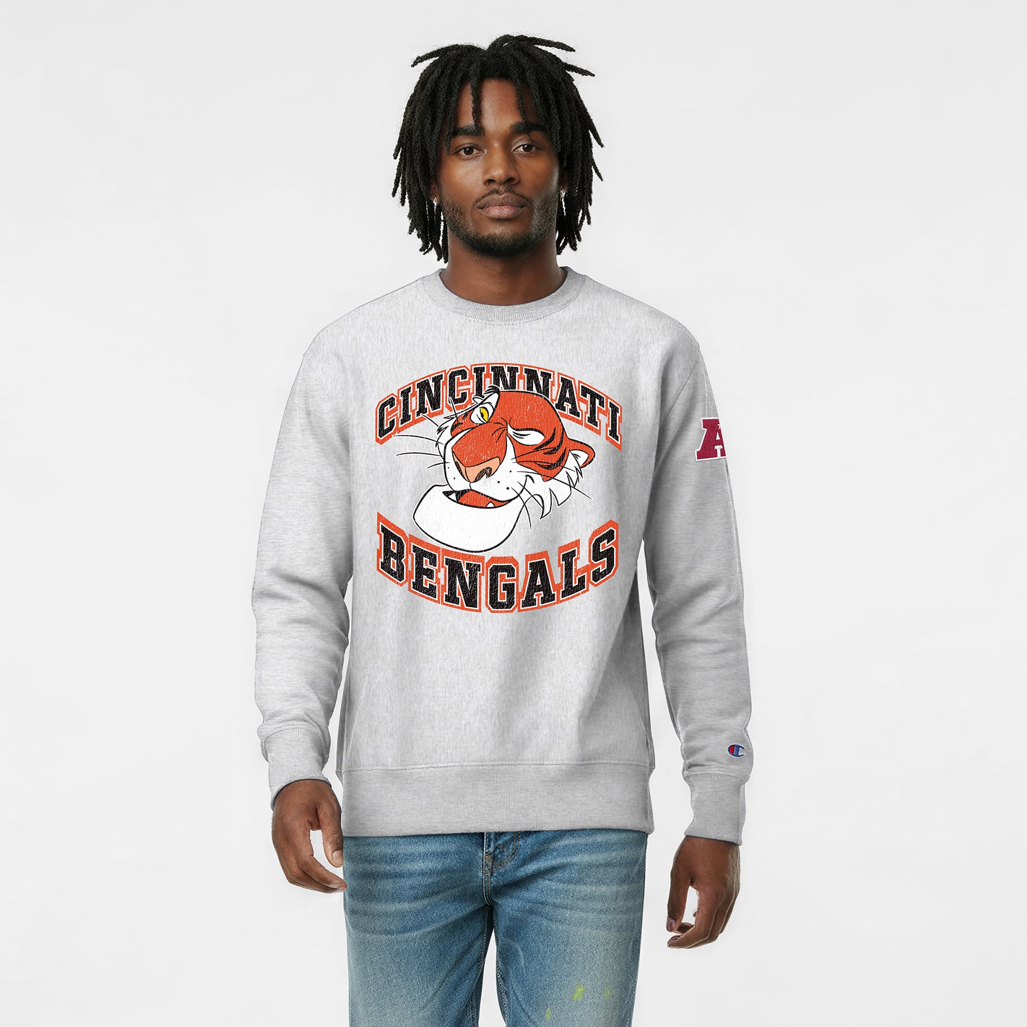 Men's Disney x Champion Heather Gray Cincinnati Bengals Shere Khan Reverse Weave Sweatshirt