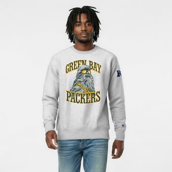 Men's Disney x Champion Heather Gray Green Bay Packers Chewbacca Reverse Weave Sweatshirt