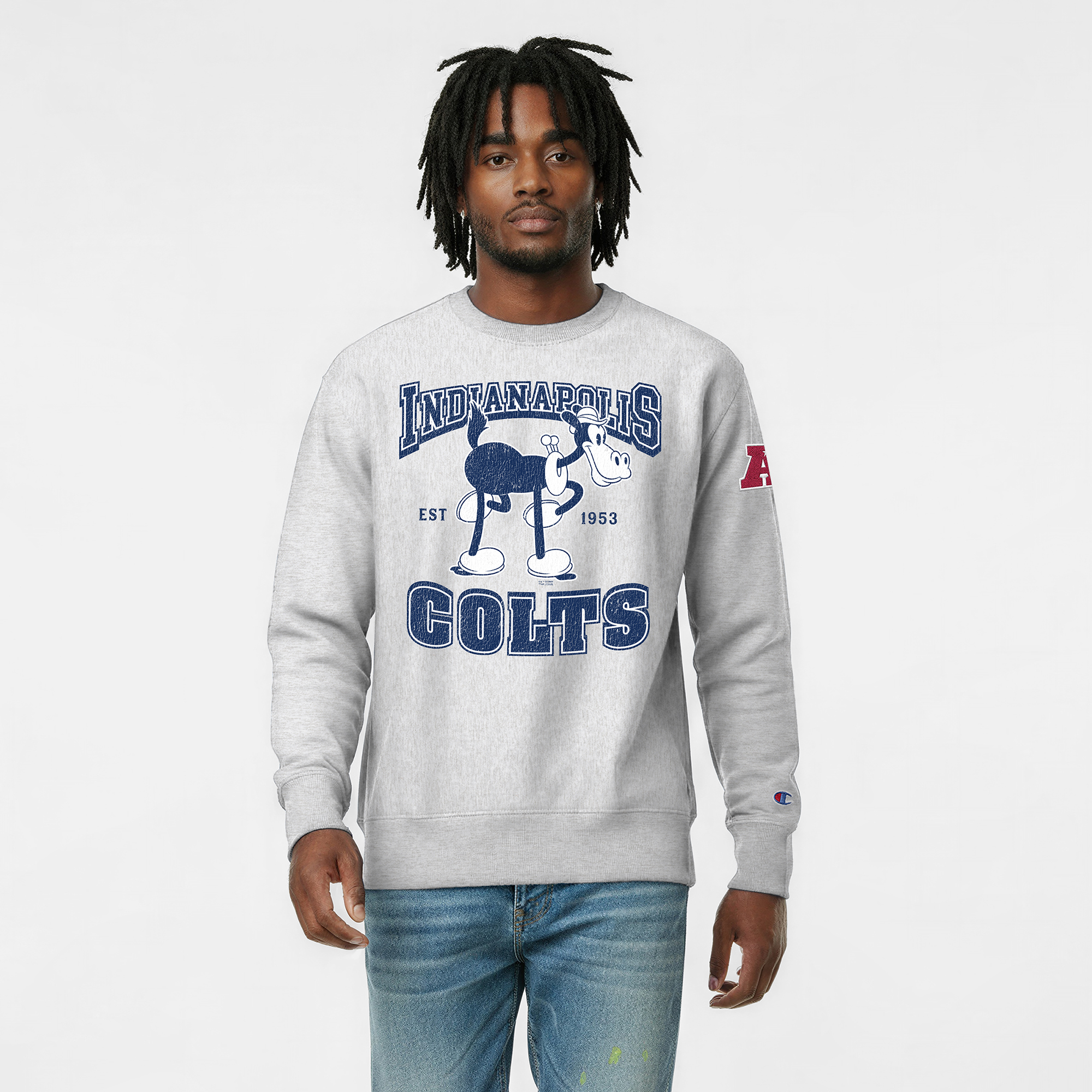 Men's Disney x Champion Heather Gray Indianapolis Colts Horace Horsecollar Reverse Weave Sweatshirt