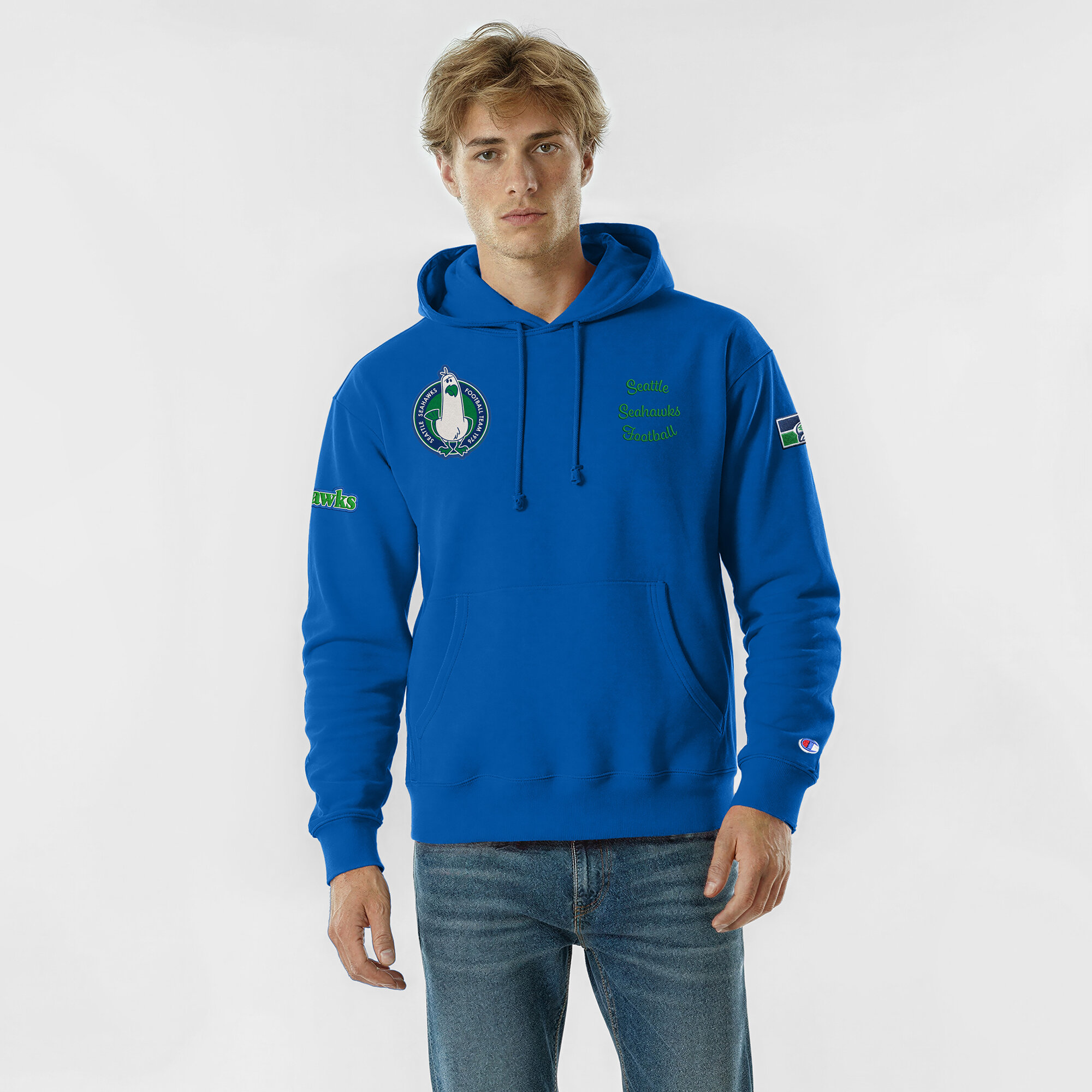 Men's Disney x Champion Royal Seattle Seahawks Seagulls Reverse Weave Hoodie