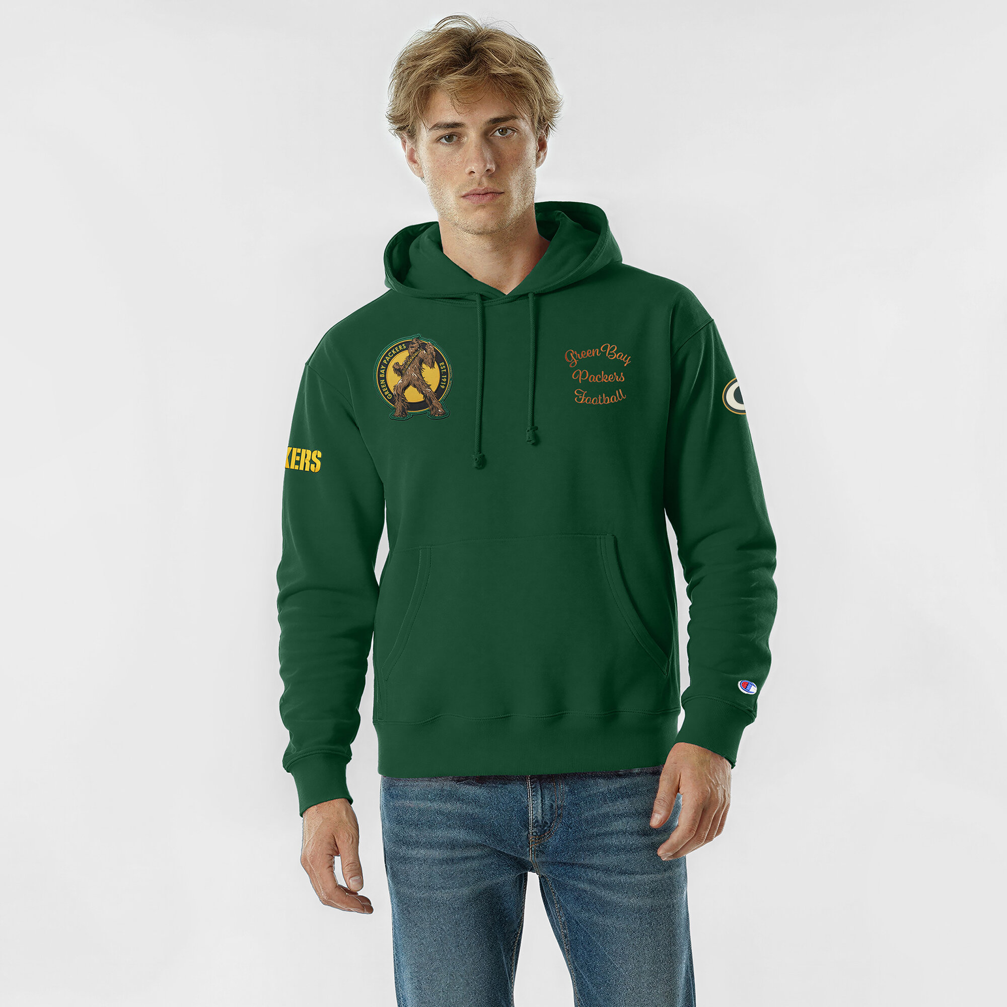 Men's Disney x Champion Green Green Bay Packers Chewbacca Reverse Weave Hoodie