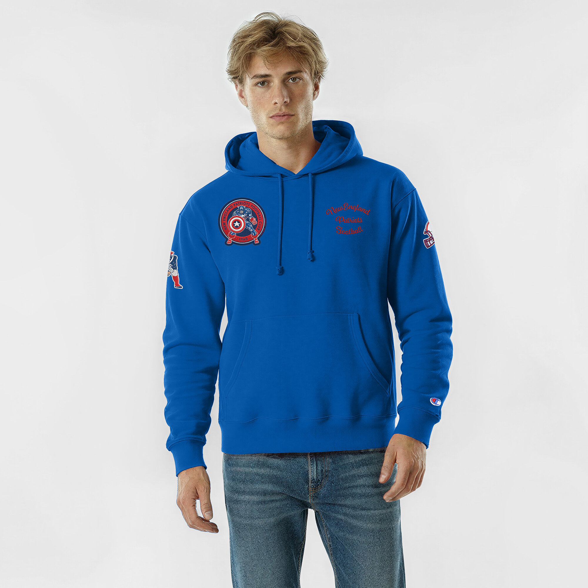 Men's Disney x Champion Royal New England Patriots Captain America Reverse Weave Hoodie